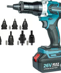 No Sweat Cordless Rivet Nut Gun M3 Through M12 Rechargeable Handheld Riveter showing various head sizes and 26V battery.