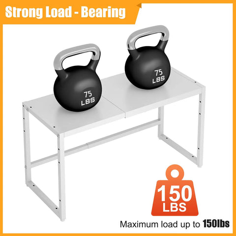 Beefy Expandable Heavy Duty Metal Storage Shelves With 150 Pound Capacity Adjustable Length And Height Fits Kitchen Garage Pantry And Warehouse Storage Rack Organizer For Pots Pans Microwave Small Appliances White, white metal shelf with 75 lb kettlebells and 150 lb load graphic