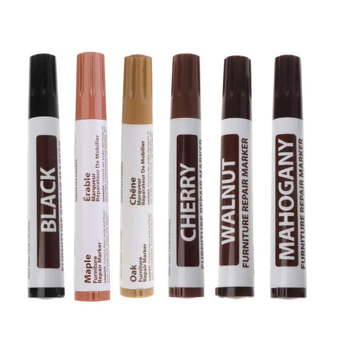 Set of six wood repair markers including Black, Maple, Oak, Cherry, Walnut, and Mahogany for Easy DIY Restorer for Floors Cabinets