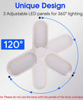 LED Garage Ceiling Light With E26 Base And 3 Flexible Panels, 5000K Daylight, showing adjustable light panels for 360-degree lighting.