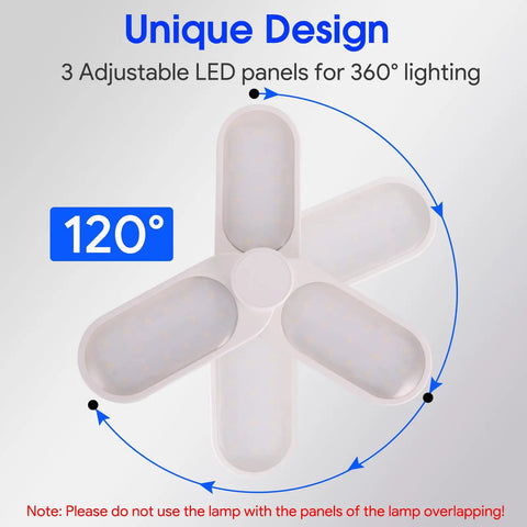 LED Garage Ceiling Light With E26 Base And 3 Flexible Panels, 5000K Daylight, showing adjustable light panels for 360-degree lighting.
