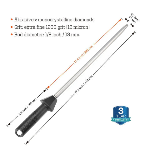 Diamond Sharpener Rod For Knives With Built-In Angle Guides, 12-Inch, Extra Fine 1200 Grit, Monocrystalline Diamond Coating