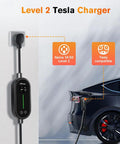Plug And Play Portable EV Charger Level 1 And 2 With 21 Foot Cable Nema 14 50P Nacs Connector For Tesla Models 3 Y S X showing charger mounted on wall.