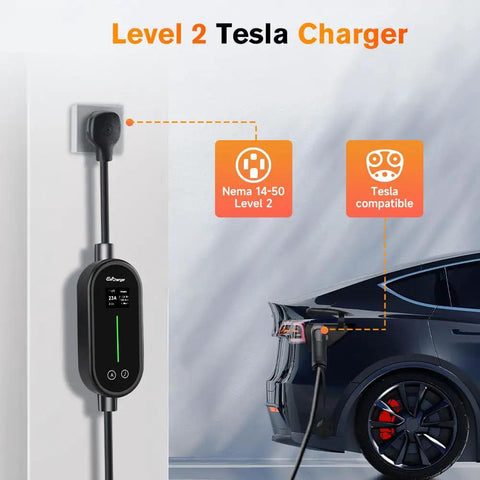 Plug And Play Portable EV Charger Level 1 And 2 With 21 Foot Cable Nema 14 50P Nacs Connector For Tesla Models 3 Y S X showing charger mounted on wall.
