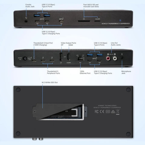 Thunderbolt 5 Dock With M.2 NVMe SSD Expansion And 10Gb Ethernet, featuring multiple ports and SSD slot.