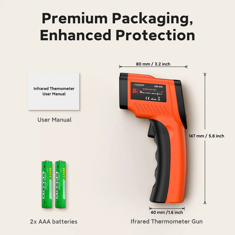 Infrared Thermometer Non Contact Temperature Gun With Laser Must-Have Go-To Tool Quick 0.5 Second Readings From -58F To 1022F -50C To 550C shown with batteries and manual