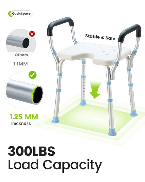 Heavy Duty Adjustable Shower Chair With Arms For Inside Shower 300 Lb Capacity Cutout Seat featuring 1.25MM thick legs