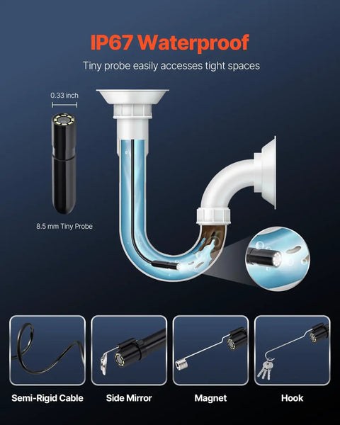 Image showing IP67 waterproof Endoscope Camera with 49.2ft semi-rigid cable, demonstrating use in plumbing pipes.