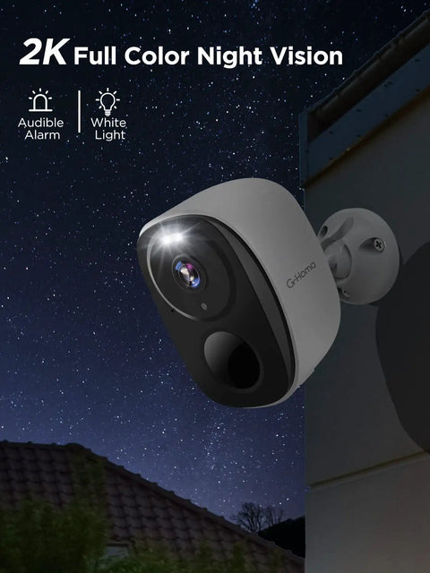 Outdoor Wireless Battery Powered Security Cameras 2 Pack Pro Kit With 2K FHD Video Color Night Vision AI Detection 2 Way Audio Siren Spotlight Cloud Or SD Storage Up To 256GB No Monthly Fee For Easy Home Surveillance mounted outside at night