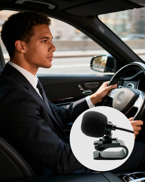 Driver using Universal Car Radio Microphone With 9.86 Ft Cable Replacement Mic, shown with close-up of the mic and adapter