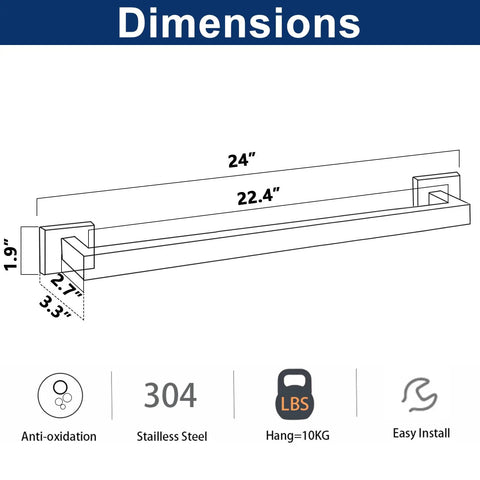 Dimensions diagram of Rust Proof Stainless Steel Towel Bar 24 Inch Wall Mounted in Brushed Nickel for Bathroom with square design.