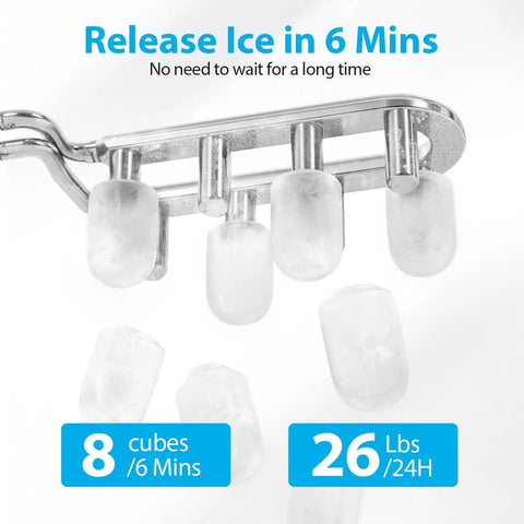 Countertop Ice Maker Rapid Bullet Ice In Six Minutes, 26Lb/24H Capacity producing bullet ice cubes