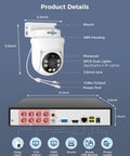 Diagram of All Weather 360 Degree PTZ Security Camera System with Color Night Vision showing dimensions and connectivity ports.