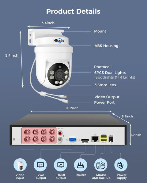 Diagram of All Weather 360 Degree PTZ Security Camera System with Color Night Vision showing dimensions and connectivity ports.