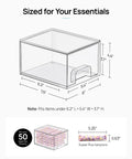 Compact Clear Stackable Storage Drawers Four Pack Super Sleek Plastic Organizer Bins For Narrow Bathroom Counters Under Sink Vanities And Kitchen Shelves Clean Up Like A Pro Fast, measuring 6.2" L x 5.4" W x 3.7" H.
