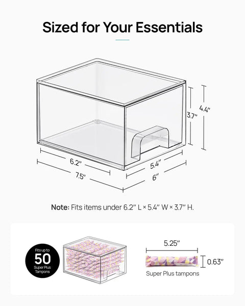 Compact Clear Stackable Storage Drawers Four Pack Super Sleek Plastic Organizer Bins For Narrow Bathroom Counters Under Sink Vanities And Kitchen Shelves Clean Up Like A Pro Fast, measuring 6.2" L x 5.4" W x 3.7" H.