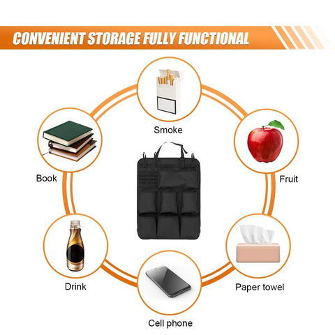 Image showing a Backseat Organizer With 8 Pockets Waterproof Oxford Car Seat Back Protector Hanging Behind Seat Storage Bag For RV SUV Truck Universal Fit Durable Easy Clean Black surrounded by everyday items like books, an apple, and more, illustrating storage capability.