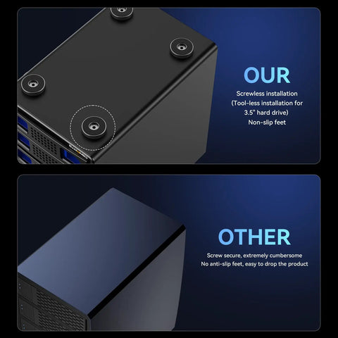 Smooth Operator Six Bay Aluminum Hard Drive Enclosure With Smart Cooling Fan USB 3.2 Gen 2 Type A C showing non-slip feet for stability.