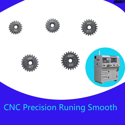 Heavy Duty Hardened Steel RC Pinion Gear Set 19 To 23 Teeth 3 MM Bore 48P Pitch for Traxxas models displayed with CNC machine