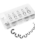 120 Piece Black E Clip External Retaining Ring Kit Sizes M1 To M10 In Beryllium Bronze With Open Design For Repair Shops And Workshops Pro Shop Gear Wear Resistant Hardware In a Compact Portable Case, clear case view