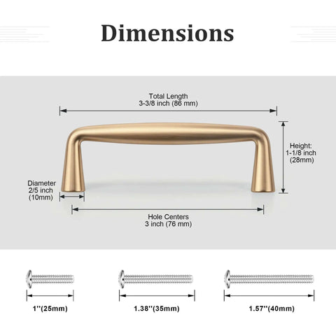Dimensions of 30 Pack Champagne Bronze Cabinet Pulls 3 Inch Hole Centers 3-3/8 Inch Overall Length Zinc Alloy Drawer Pulls Kitchen Handles