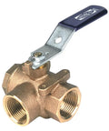 Two-Piece Bronze Ball Valve, Conventional Port, 1-1/4 Inch, Three-Way Threaded Valve Designed For Mixing And Process Use, Blowout-Proof Stem