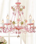 Pink Crystal Chandelier For Girls Room With Five Lights, 23.6 Inch Wide Rose Flower Style Pendant Lighting over window view