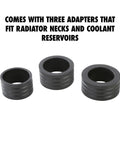 Premium Coolant System Refiller Kit With Three Universal Adapters showcasing three black rubber adapters for radiator use.