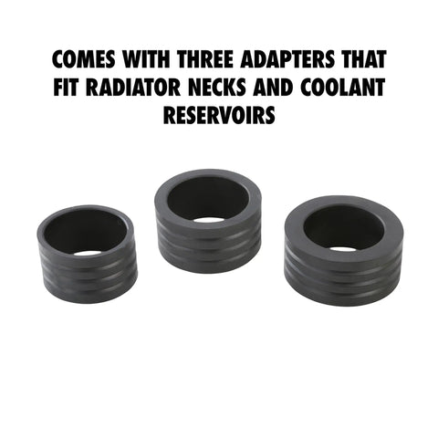 Premium Coolant System Refiller Kit With Three Universal Adapters showcasing three black rubber adapters for radiator use.