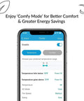 Smartphone screen showing Boss Level Smart Air Conditioner Controller With WiFi Thermostat app interface for Comfy Mode settings.