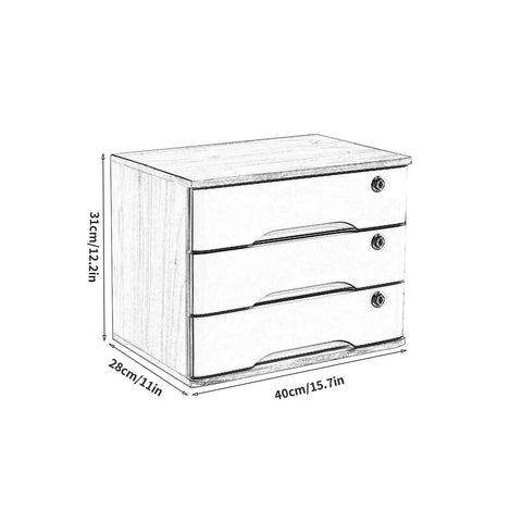 Solid Wood Lockable Three Drawer Filing Cabinet For Home And Office with dimension annotations, sturdy document storage and organization