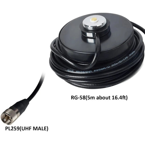 Magnetic base and 16 ft RG58 cable with PL-259 connector for Dual Band VHF UHF NMO Antenna for 2m and 70cm Mobile Radios