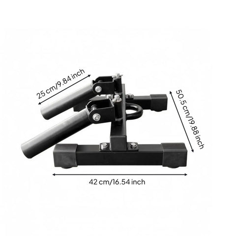 Fitness Training Bar With Cylindrical Handles And Rectangular Base For Strength Training And Weight Lifting Built As A Beefy And Stable Deadlift And Row Frame For Controlled Pulls And Progressive Workouts, dimensions shown in cm and inch