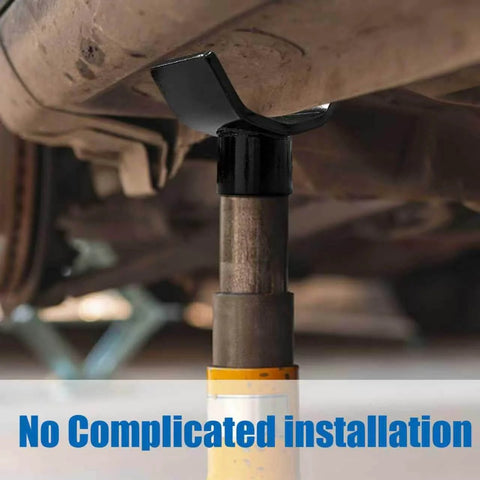 Universal 12 Ton Bottle Jack Adapter with angled base lifting a vehicle, showcasing installation under a car axle.