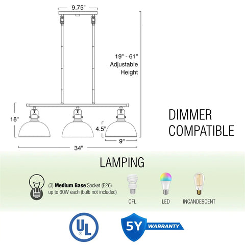 Diagram of 34 Inch Three Light Industrial Kitchen Island Pendant With Dome Shade Lighting Swivel Joints Brushed Nickel Finish Chandelier