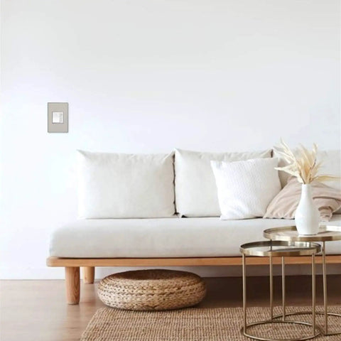 White Paddle Dimmer Switch With Smooth Rocking On Off Toggle And Easy Slider Dimmer For Quick Light Adjustments, 1 Gang, No Wall Plate Included installed in modern living room