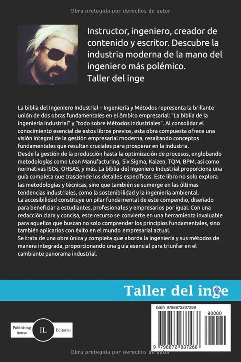 Book La biblia del Ingeniero Industrial; back cover with author portrait, description, blue Taller del inge banner, barcode.