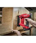 Using M18 Fuel 18Ga One Quarter Narrow Crown Stapler for quick heavy duty fastening without a compressor on wooden surface