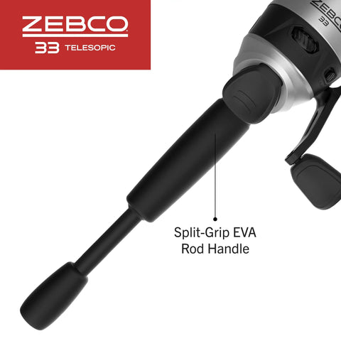 Close-up of the Go-To Spincast Reel And Telescopic Fishing Rod Combo with Split-Grip EVA handle and silver black finish.