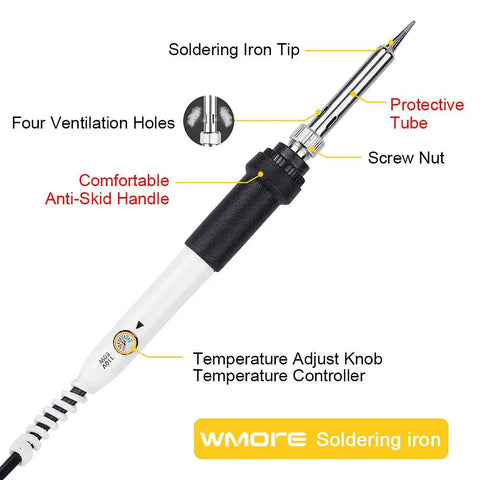 Versatile Soldering Iron Kit With Digital Multimeter 110V 60W Adjustable Temperature shown with features labeled