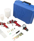 Heavy Duty Cordless Spray Paint Gun Kit With Adjustable Tip For Home And Auto Jobs No Cord Hassle Zinc Alloy Frame components laid out in blue case