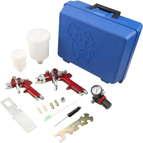 Heavy Duty Cordless Spray Paint Gun Kit With Adjustable Tip For Home And Auto Jobs No Cord Hassle Zinc Alloy Frame components laid out in blue case