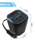 Beefy 150W Car Power Inverter 12V DC To 110V AC Converter dimensions with dual USB ports and voltmeter display.