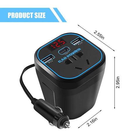 Beefy 150W Car Power Inverter 12V DC To 110V AC Converter dimensions with dual USB ports and voltmeter display.