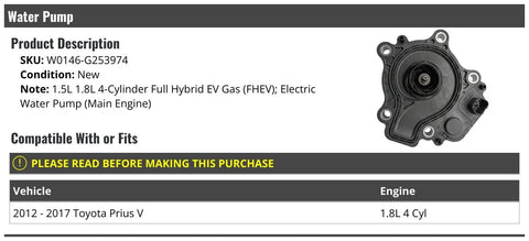 Genuine Electric Water Pump For 2012 To 2017 Toyota Prius V, new 1.8L 4-cylinder part for efficient cooling.