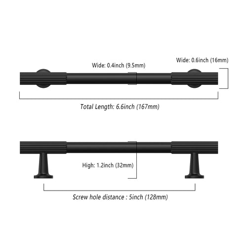 Matte Black Cabinet Pulls 5 Inch Center To Center Zinc Alloy Kitchen Cabinet Handles dimensions illustration with length and width details.