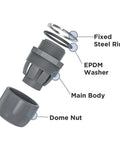 3/4 Inch NPT Liquid Tight Connector components including fixed steel ring, EPDM washer, main body, and dome nut.
