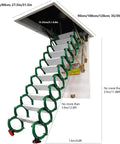 Top Shelf Electric Attic Ladder With Slick Pull Down Action And Heavy Duty Titanium Magnesium Alloy Frame Featuring Secure Handrail For Easy Loft Or Ceiling Access In A Clean Hidden Storage Fold details showing the ladder's structure and dimensions.