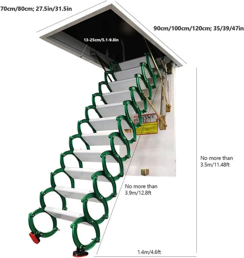 Top Shelf Electric Attic Ladder With Slick Pull Down Action And Heavy Duty Titanium Magnesium Alloy Frame Featuring Secure Handrail For Easy Loft Or Ceiling Access In A Clean Hidden Storage Fold details showing the ladder's structure and dimensions.