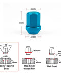 Red M12x1.25 Hub Nut Bolt Covers Kit For Nissan Cars 20 Pack shown in blue, dimensions and seating types displayed.
